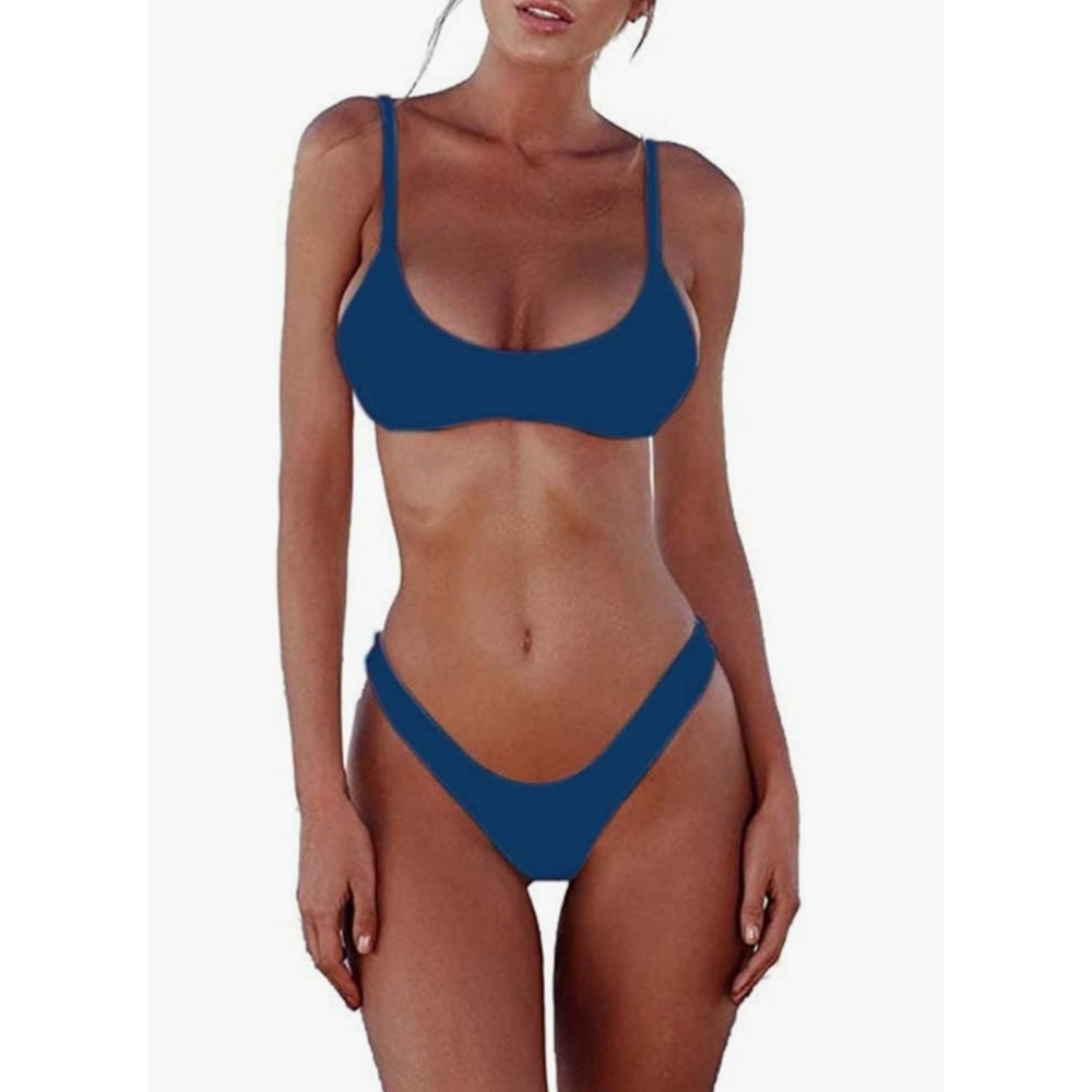 NWT Sherrydc Solid Scoop  Neck Pushup Cheeky Women's Blue Bikini Set M